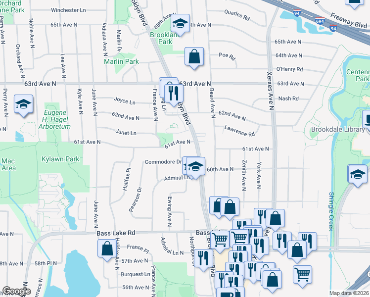 map of restaurants, bars, coffee shops, grocery stores, and more near 6107 Brooklyn Boulevard in Minneapolis