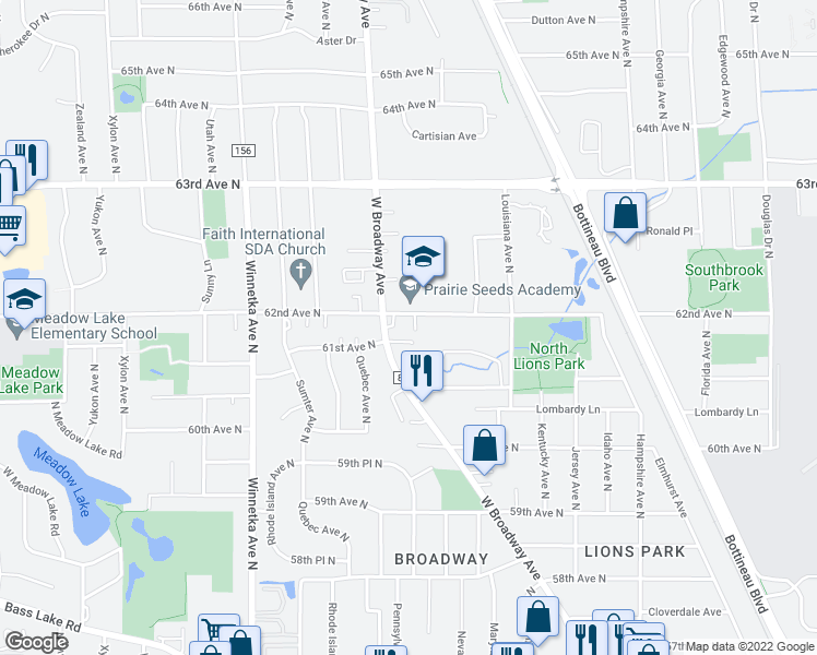 map of restaurants, bars, coffee shops, grocery stores, and more near in Brooklyn Park