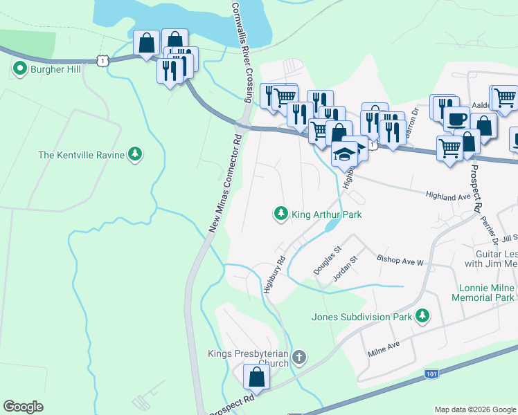 map of restaurants, bars, coffee shops, grocery stores, and more near 71 Dow Road in New Minas