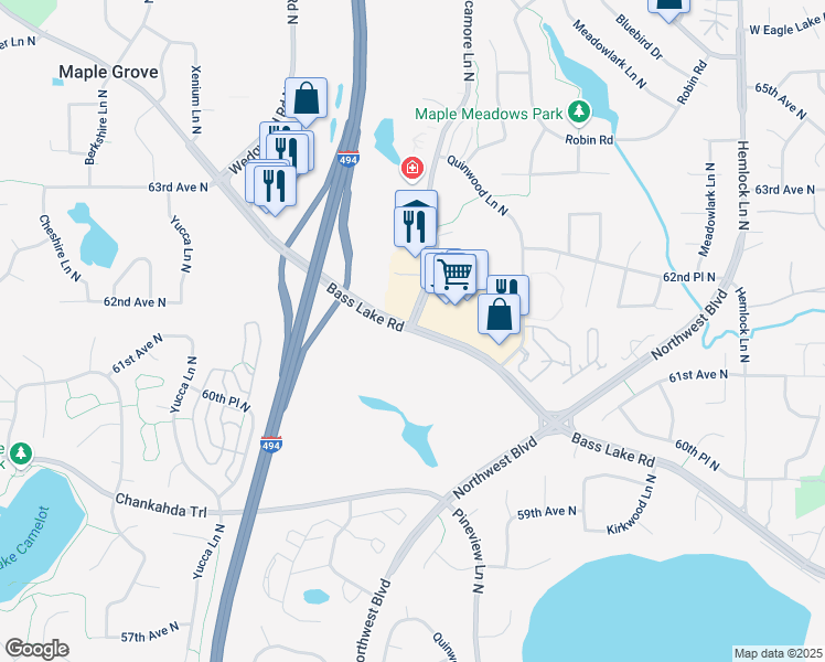 map of restaurants, bars, coffee shops, grocery stores, and more near 13001 Bass Lake Road in Plymouth