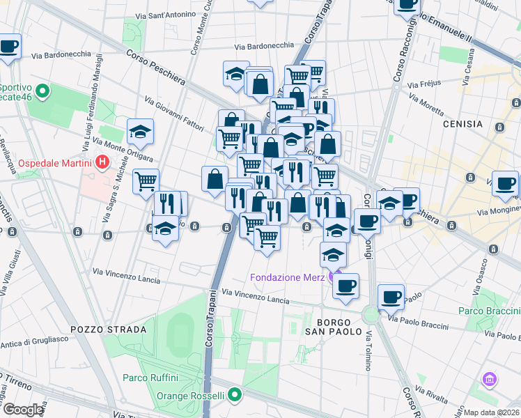 map of restaurants, bars, coffee shops, grocery stores, and more near 30-32 Via Orsiera in Turin