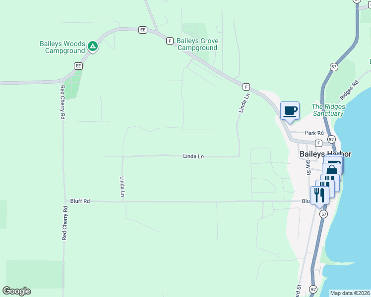 map of restaurants, bars, coffee shops, grocery stores, and more near 2566 Linda Lane in Baileys Harbor