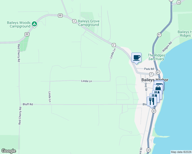 map of restaurants, bars, coffee shops, grocery stores, and more near 2526 Linda Lane in Baileys Harbor