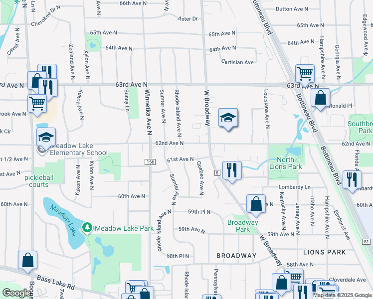 map of restaurants, bars, coffee shops, grocery stores, and more near 7701 62nd Avenue North in Minneapolis