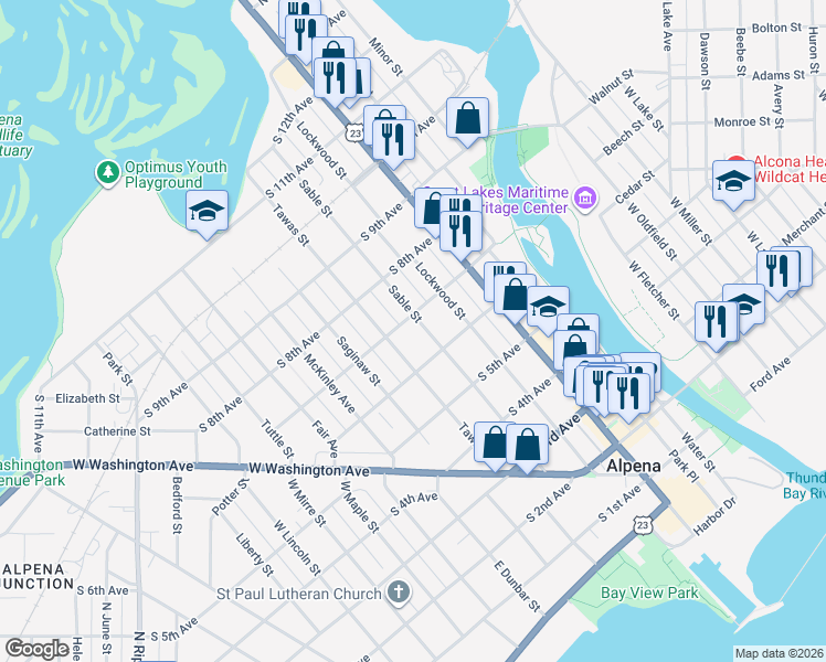 map of restaurants, bars, coffee shops, grocery stores, and more near 600-698 Sable Street in Alpena