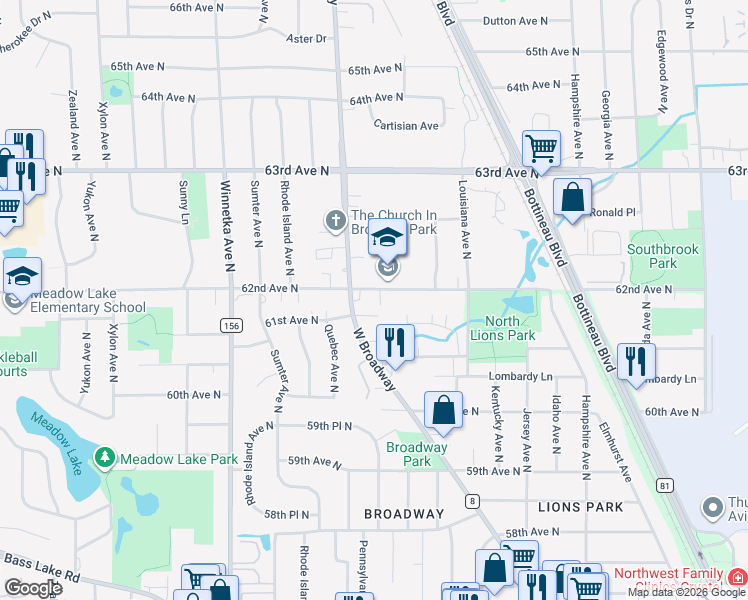 map of restaurants, bars, coffee shops, grocery stores, and more near in Brooklyn Park