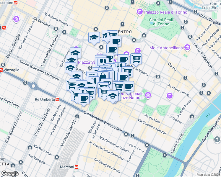 map of restaurants, bars, coffee shops, grocery stores, and more near 287 Via Roma in Torino