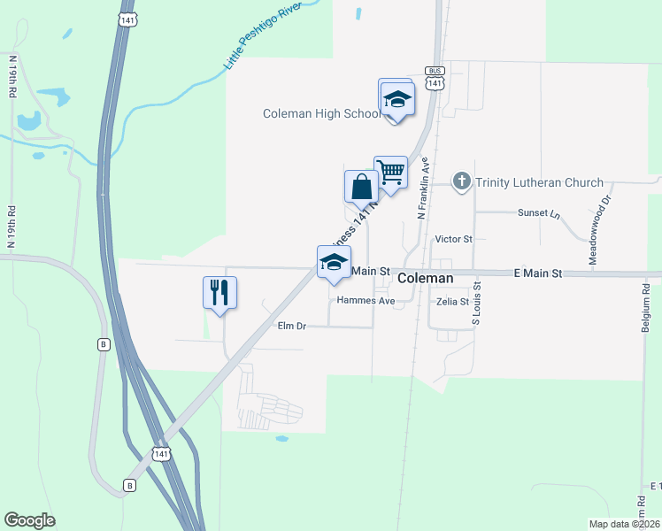 map of restaurants, bars, coffee shops, grocery stores, and more near 119 U.S. 141 Business in Coleman