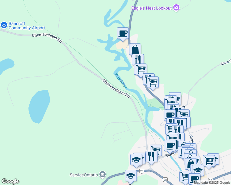 map of restaurants, bars, coffee shops, grocery stores, and more near 213 Chemaushgon Road in Bancroft
