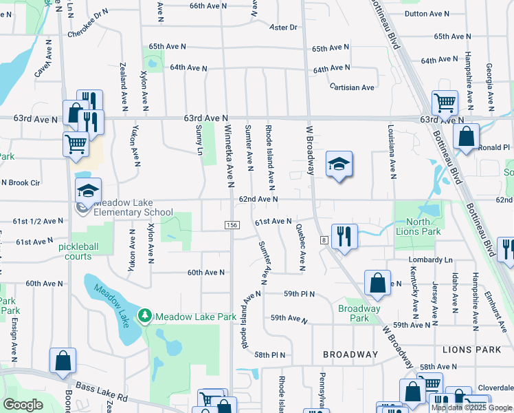map of restaurants, bars, coffee shops, grocery stores, and more near 6116 Sumter Avenue North in Minneapolis