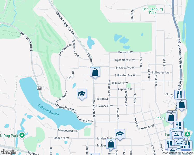 map of restaurants, bars, coffee shops, grocery stores, and more near 1203 Owens Street North in Stillwater