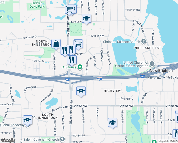 map of restaurants, bars, coffee shops, grocery stores, and more near 1010 Robin Court in New Brighton