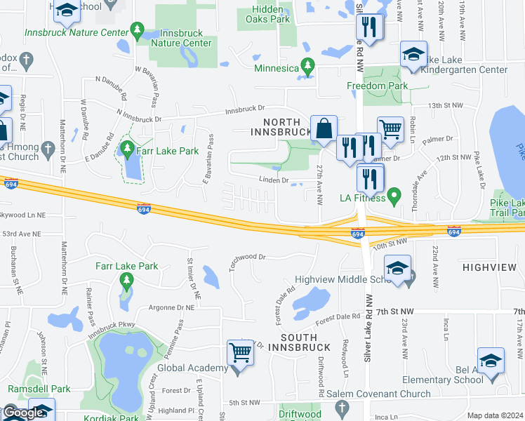 map of restaurants, bars, coffee shops, grocery stores, and more near 1212 Pecks Woods Drive in New Brighton