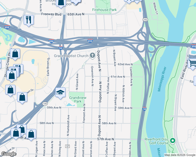 map of restaurants, bars, coffee shops, grocery stores, and more near 6107 Dupont Avenue North in Minneapolis