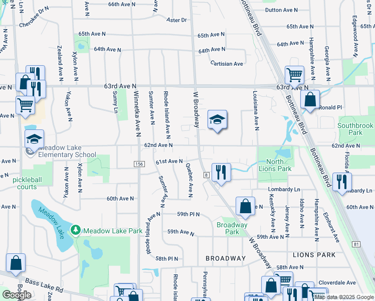 map of restaurants, bars, coffee shops, grocery stores, and more near 7520 62nd Avenue North in Minneapolis