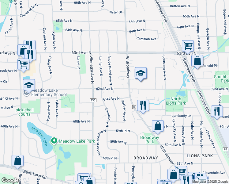 map of restaurants, bars, coffee shops, grocery stores, and more near 6200 Rhode Island Avenue North in Minneapolis