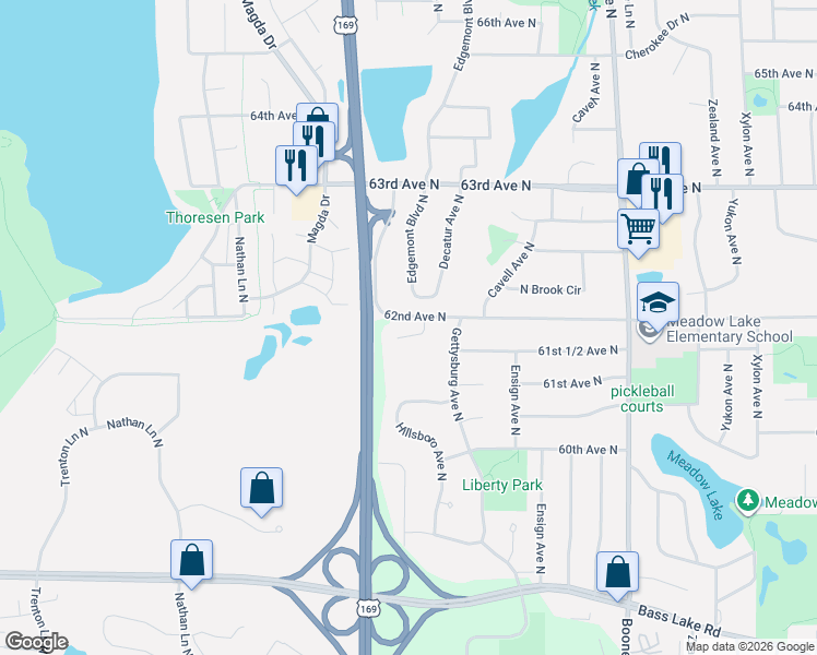 map of restaurants, bars, coffee shops, grocery stores, and more near 6207 Edgemont Boulevard North in Minneapolis