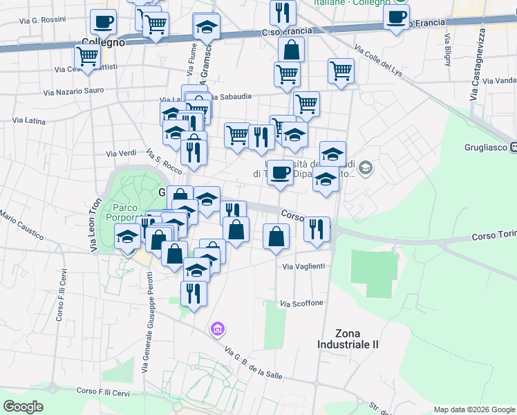 map of restaurants, bars, coffee shops, grocery stores, and more near 90 Via Generale Cantore in Collegno