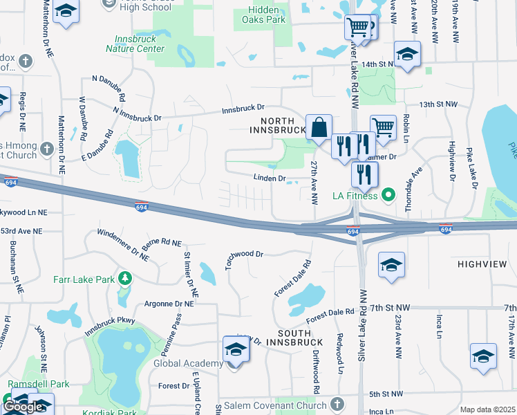 map of restaurants, bars, coffee shops, grocery stores, and more near 1212 Pecks Woods Drive in New Brighton