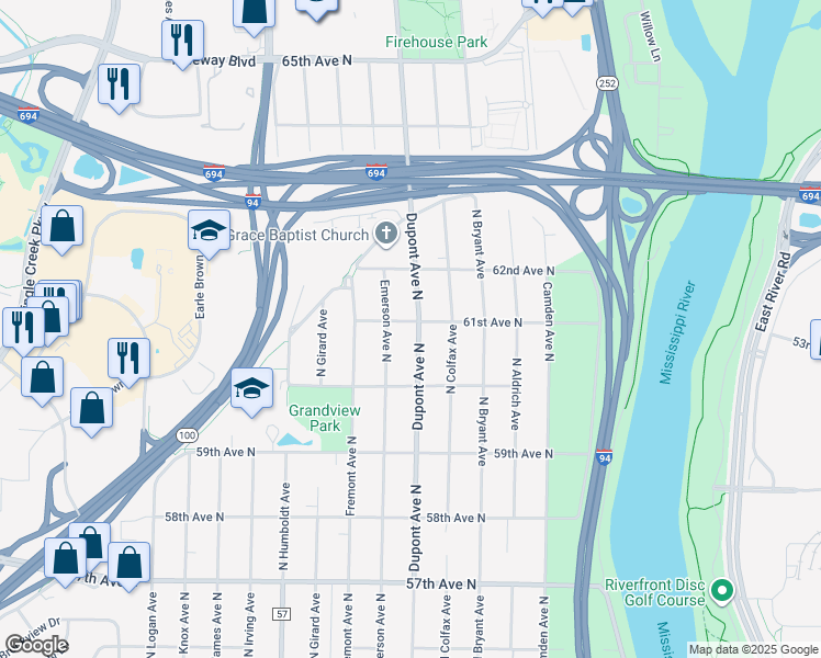 map of restaurants, bars, coffee shops, grocery stores, and more near 6107 Dupont Avenue North in Minneapolis