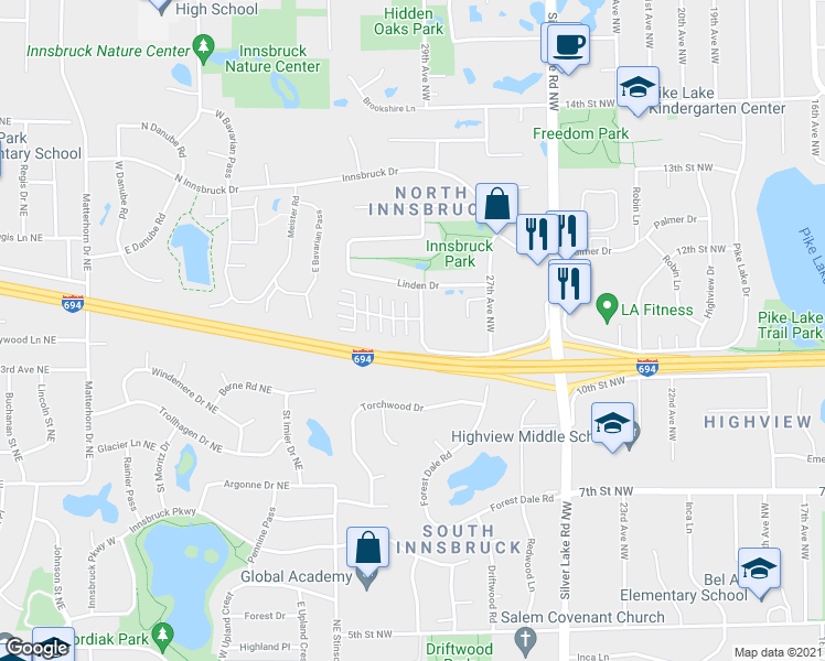 map of restaurants, bars, coffee shops, grocery stores, and more near 1102 Black Oak Drive in New Brighton