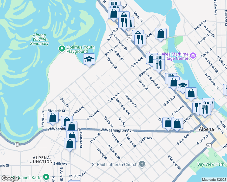 map of restaurants, bars, coffee shops, grocery stores, and more near 514 South 9th Avenue in Alpena