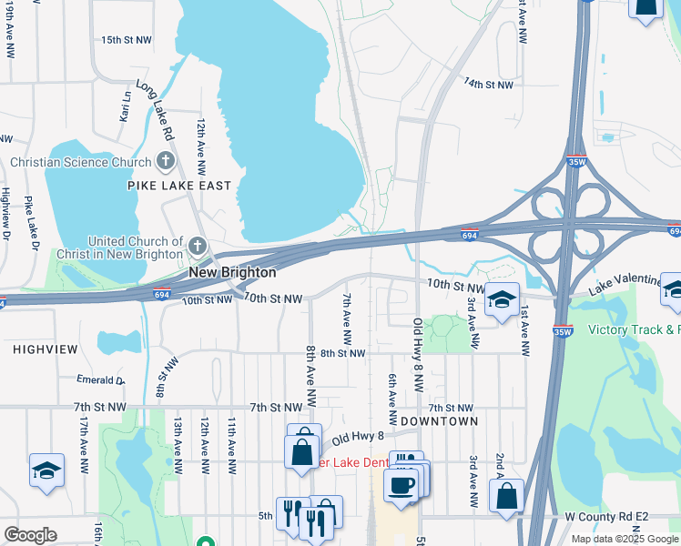 map of restaurants, bars, coffee shops, grocery stores, and more near 700 10th Street Northwest in New Brighton