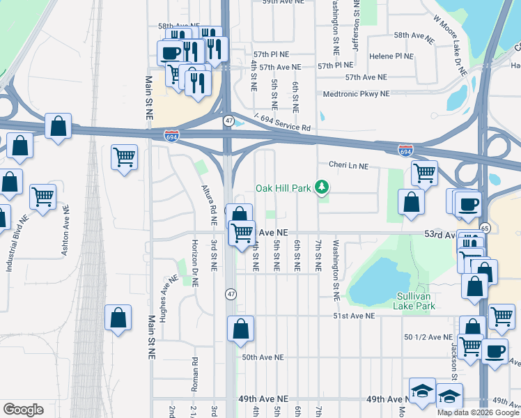 map of restaurants, bars, coffee shops, grocery stores, and more near 5370 5th Street Northeast in Fridley