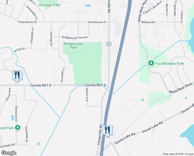 map of restaurants, bars, coffee shops, grocery stores, and more near 4143 Centerville Road in Vadnais Heights