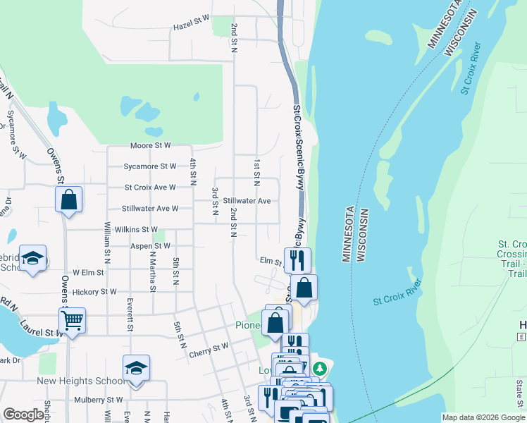 map of restaurants, bars, coffee shops, grocery stores, and more near 1204 Broadway Street North in Stillwater