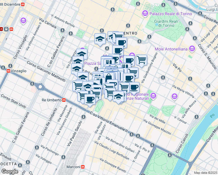 map of restaurants, bars, coffee shops, grocery stores, and more near 287 Via Roma in Torino