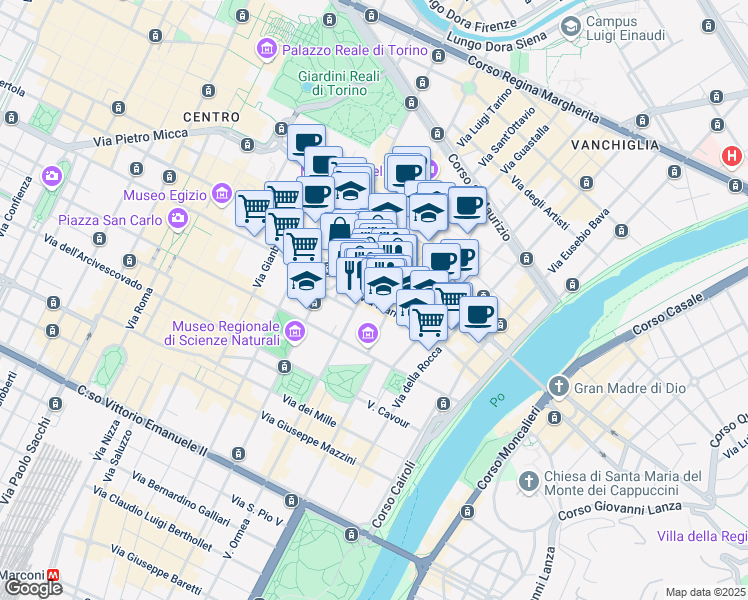 map of restaurants, bars, coffee shops, grocery stores, and more near 12 Via San Massimo in Turin