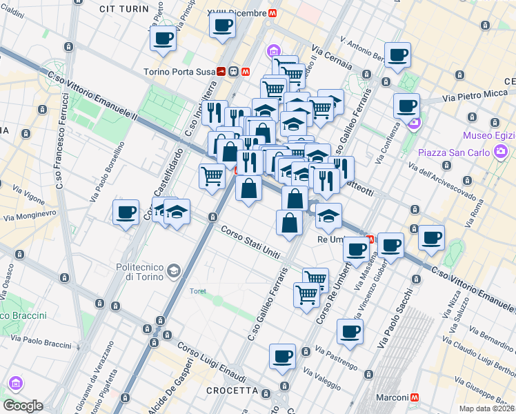 map of restaurants, bars, coffee shops, grocery stores, and more near 30-34 Via Magenta in Turin
