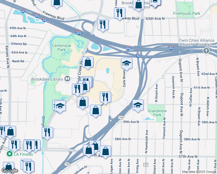 map of restaurants, bars, coffee shops, grocery stores, and more near 6100 Summit Drive North in Brooklyn Center