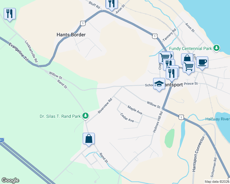 map of restaurants, bars, coffee shops, grocery stores, and more near 6 Riverview Road in Hantsport