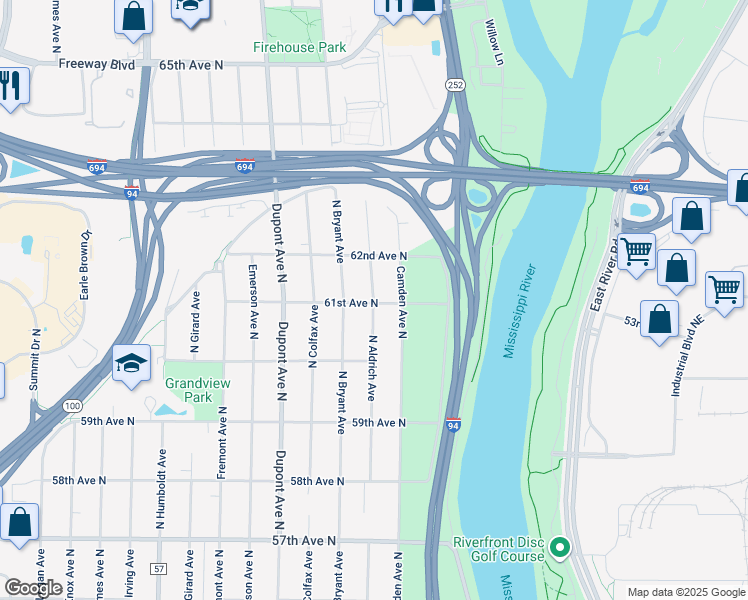 map of restaurants, bars, coffee shops, grocery stores, and more near 6106 North Aldrich Avenue in Minneapolis
