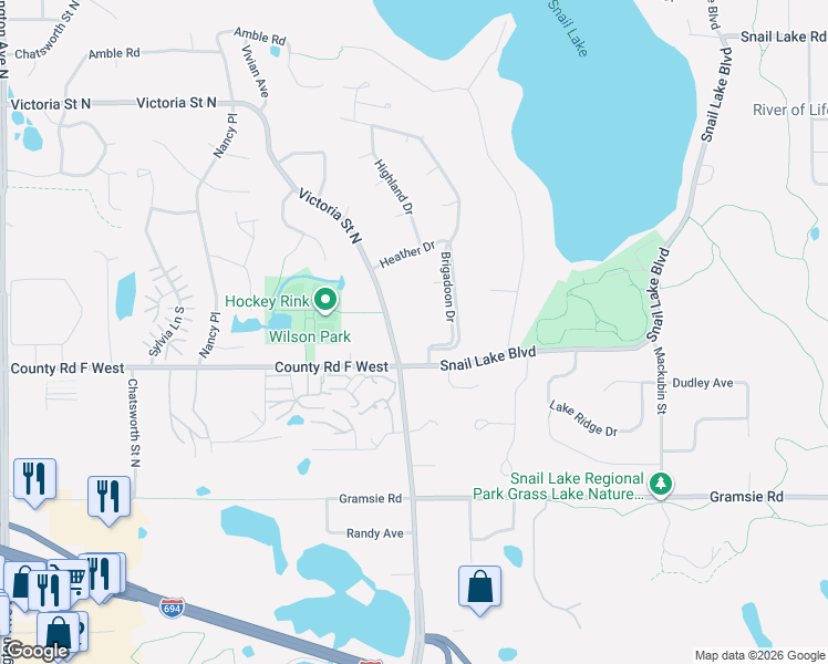 map of restaurants, bars, coffee shops, grocery stores, and more near 4120 Victoria Street North in Shoreview