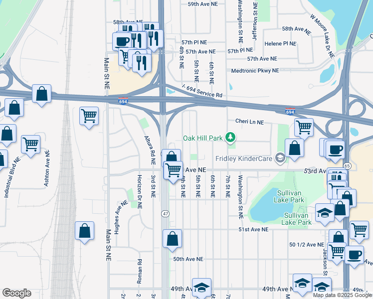 map of restaurants, bars, coffee shops, grocery stores, and more near 5370 5th Street Northeast in Fridley