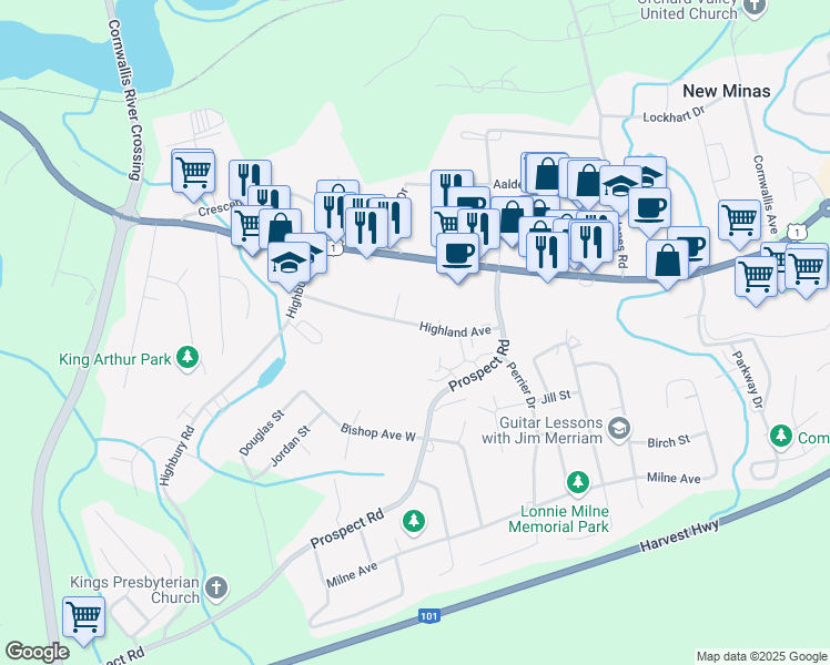 map of restaurants, bars, coffee shops, grocery stores, and more near 76 Highland Avenue in New Minas