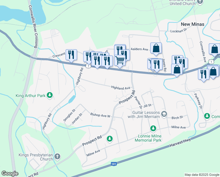 map of restaurants, bars, coffee shops, grocery stores, and more near 76 Highland Avenue in New Minas