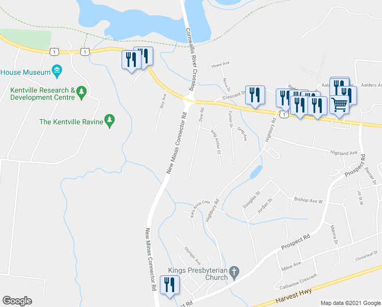 map of restaurants, bars, coffee shops, grocery stores, and more near 64 Dow Road in New Minas