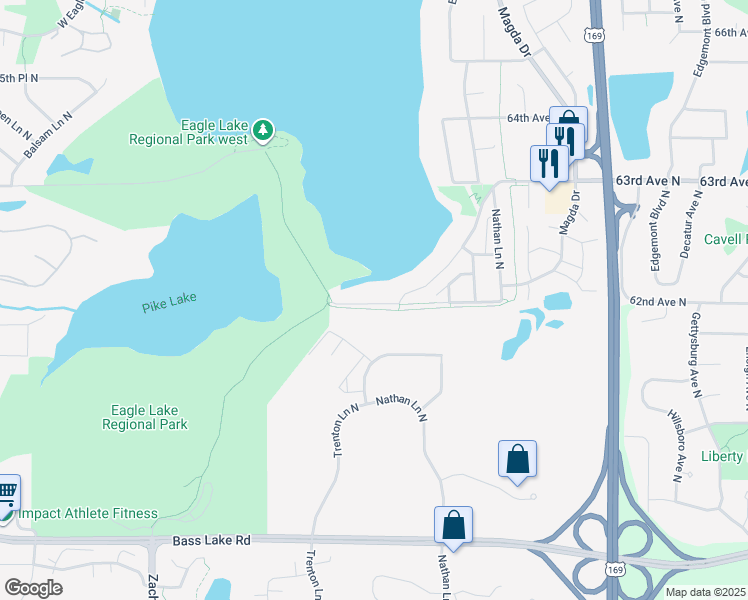 map of restaurants, bars, coffee shops, grocery stores, and more near 6155 Eagle Lake Drive in Maple Grove