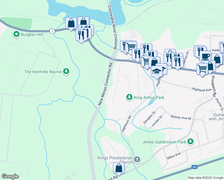 map of restaurants, bars, coffee shops, grocery stores, and more near 64 Dow Road in New Minas
