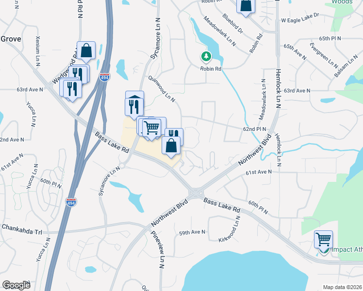map of restaurants, bars, coffee shops, grocery stores, and more near Quinwood Lane North in Minneapolis