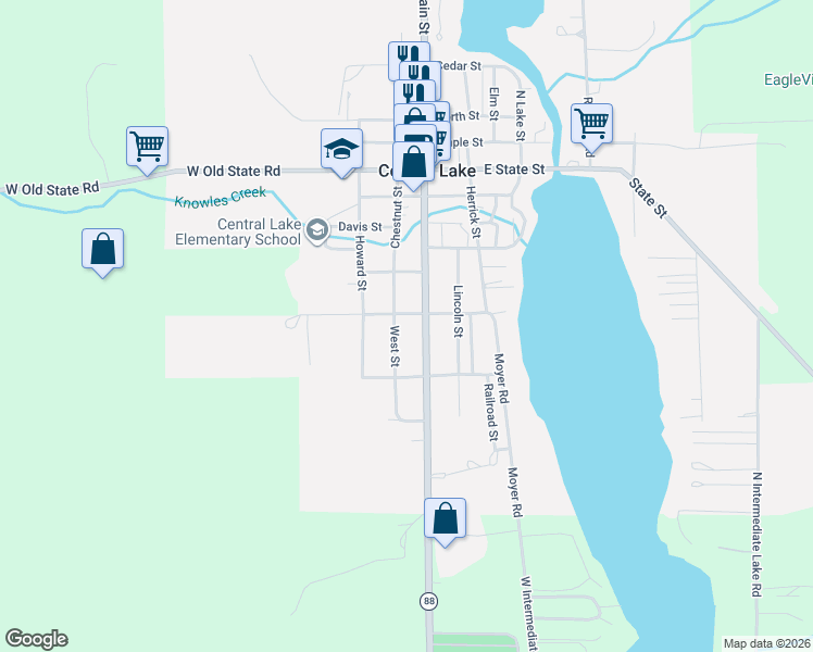 map of restaurants, bars, coffee shops, grocery stores, and more near 8055 Ballard St in Central Lake
