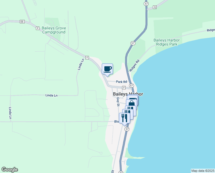 map of restaurants, bars, coffee shops, grocery stores, and more near 2423 County F in Baileys Harbor