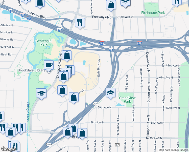 map of restaurants, bars, coffee shops, grocery stores, and more near 6100 Summit Drive North in Brooklyn Center