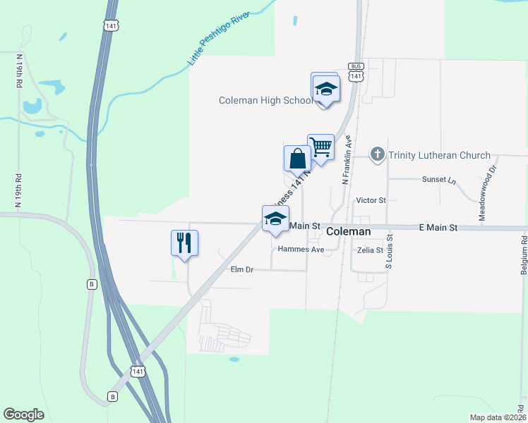 map of restaurants, bars, coffee shops, grocery stores, and more near 119 U.S. 141 Business in Crivitz