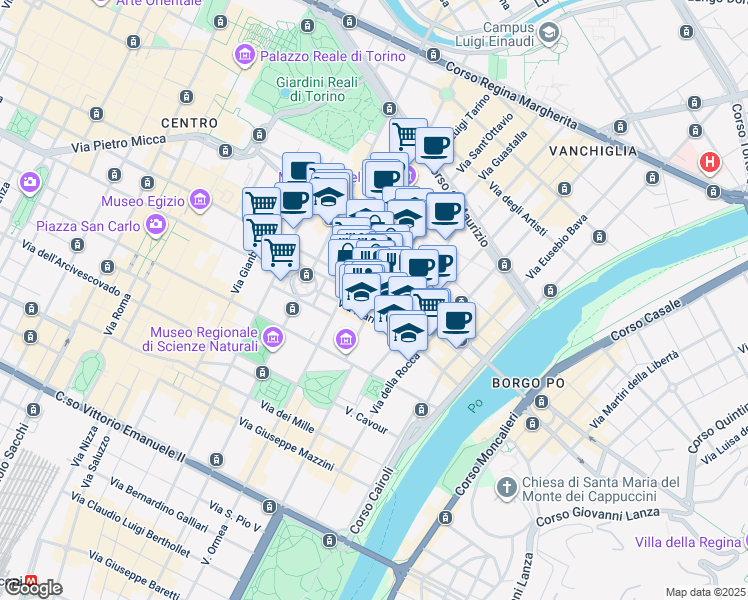 map of restaurants, bars, coffee shops, grocery stores, and more near 46E Via Principe Amedeo in Torino