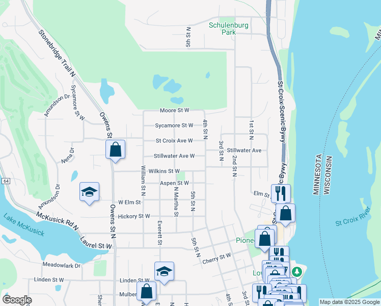 map of restaurants, bars, coffee shops, grocery stores, and more near 224 Stillwater Avenue West in Stillwater